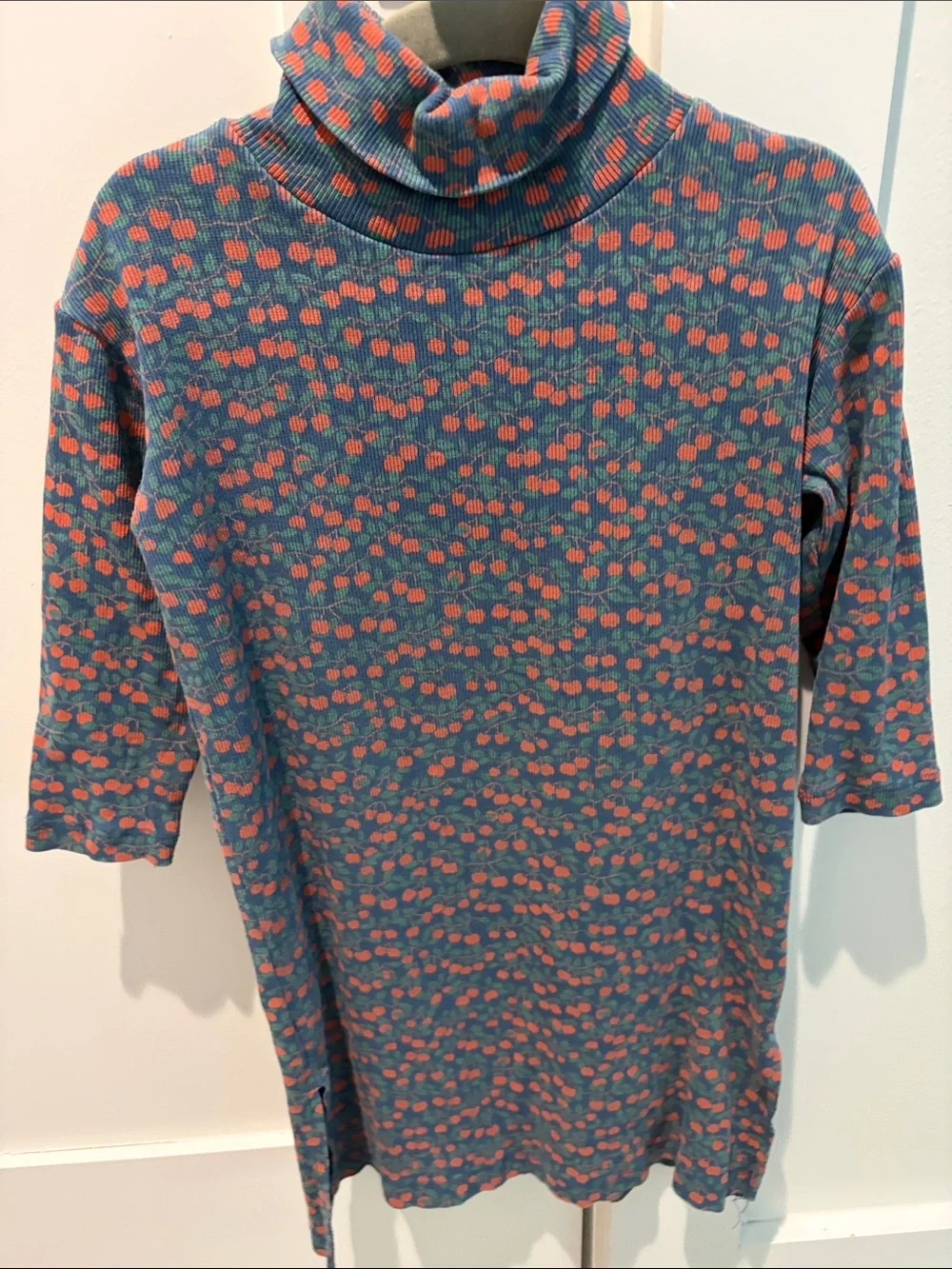 Girls' Blue Turtleneck Casual Dress with Pink Dot Print